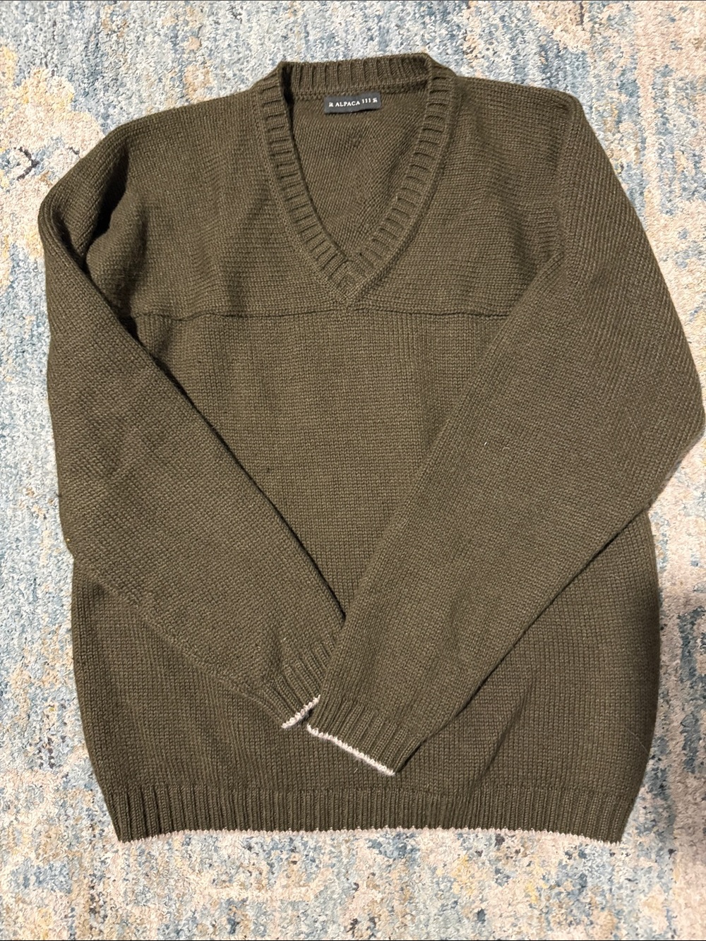 Men's V-Neck Alpaca Blend Sweater in Olive by Alpaca 111 L